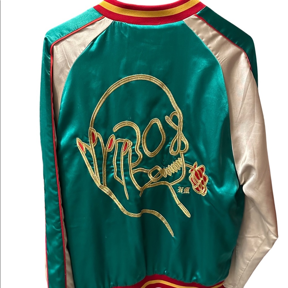 Uber Outfitters satin green varsity jacket.